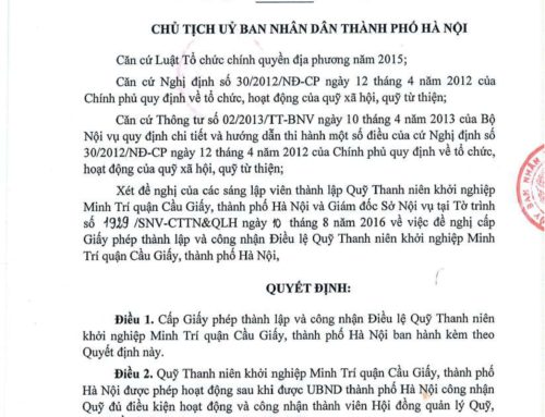 THÔNG BÁO THÀNH LẬP QUỸ THANH NIÊN KHỞI NGHIỆP MINH TRÍ QUẬN CẦU GIẤY